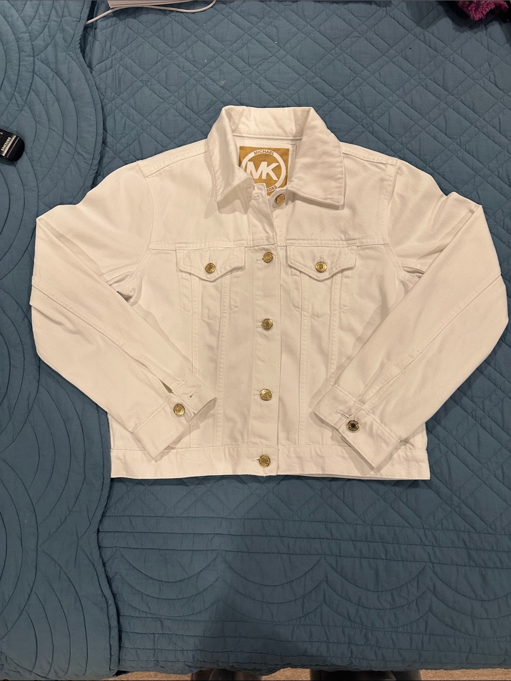 Michael Kors White Denim Jean Jacket with Gold Buttons